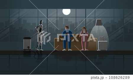 Robot, Man, and woman couple sit on sofa and use smartphone in living room. 108626289