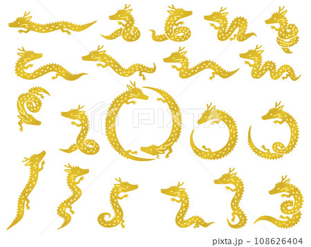 金色の小さい龍のキャラクターのシルエットイラストセット 108626404