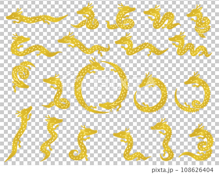 金色の小さい龍のキャラクターのシルエットイラストセット 108626404