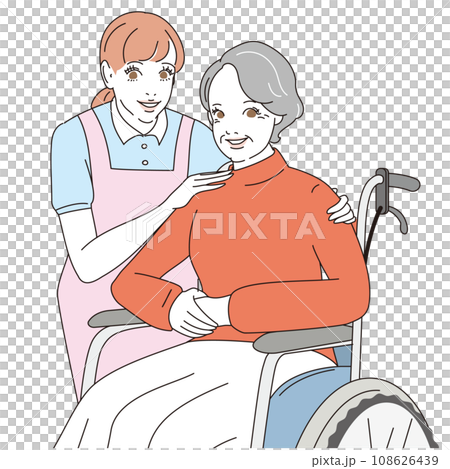 笑顔で車椅子に乗る上品なシニア女性と介護士 笑顔で車椅子に乗る上品なシニア女性と介護士 108626439