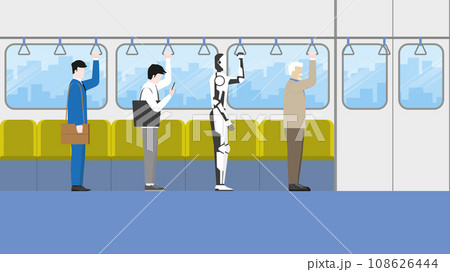 Office worker and businessman standing with a robot inside city train cabin Office worker and businessman standing with a robot inside city train cabin 108626444