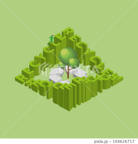 A man runs on a loop of text words RECYCLE and Symbol with a tree. Recycling cycle concept of environmental concern 108626717