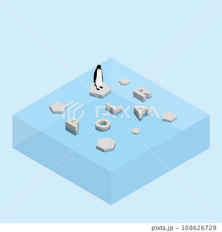 Penguin on floating ice sheet and a text word POLAR. Global warming and ice melting 108626729