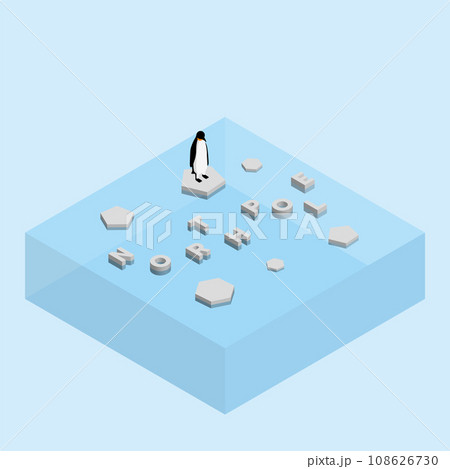 Penguin on floating ice sheet and a text word NORTH POLE. Global warming and ice melting concept of sea level rise, global flood 108626730