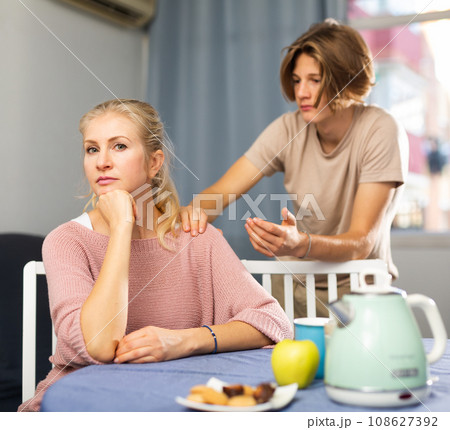 Mother and son sitting after quarrel at home 108627392