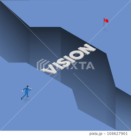 Businessman runs to a bridge text word, across an abyss, split land for a red flag goal. Businessman runs to a bridge text word, across an abyss, split land for a red flag goal. 108627901