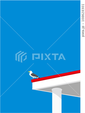 青空の中、白い壁と赤い屋根の家の上にとまっているカモメのイラスト（タテ型） 108628301