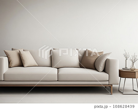 Modern Living interior design. Rustic interior design of modern living room with beige brown fabric sofa and cushions Modern Living interior design. Rustic interior design of modern living room with beige brown fabric sofa and cushions 108628439