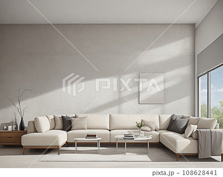 Modern Living interior design. Rustic interior design of modern living room with beige brown fabric sofa and cushions 108628441