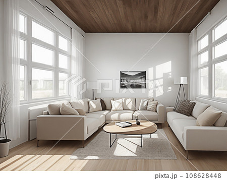 Modern Living interior design. Rustic interior design of modern living room with beige brown fabric sofa and cushions 108628448