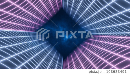 Abstract purple blue energy grid swirling tunnel of lines in the top and bottom of the screen magical bright glowing futuristic hi-tech background Abstract purple blue energy grid swirling tunnel of lines in the top and bottom of the screen magical bright glowing futuristic hi-tech background 108628491