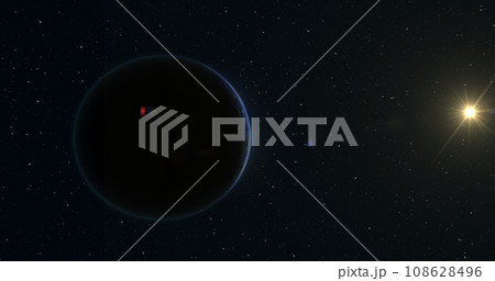 Abstract realistic space spinning planet round sphere with a blue water surface in space against the background of stars 108628496