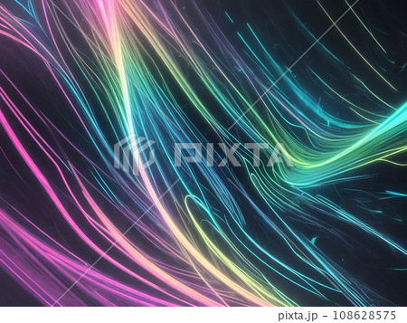Abstract futuristic background and texture with gold,light pink,blue,green neon wave lines. Data transfer concept. Fantastic wallpaper. 108628575