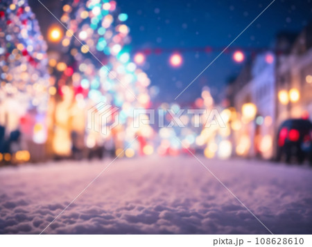 Blurred street of festive night or evening city with snowfall and Christmas lights. Blur Abstract christmas background Blurred street of festive night or evening city with snowfall and Christmas lights. Blur Abstract christmas background 108628610