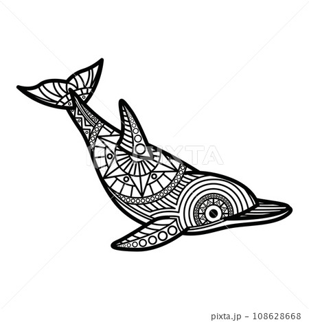 Black and white mandala line art of the dolphin Good use for symbol mascot icon avatar tattoo T Shirt design logo or any design	 108628668