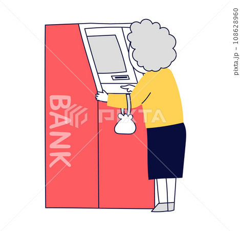 ATMを利用してお金を振り込み支払いを行うおばあちゃんの後ろ姿 ATMを利用してお金を振り込み支払いを行うおばあちゃんの後ろ姿 108628960