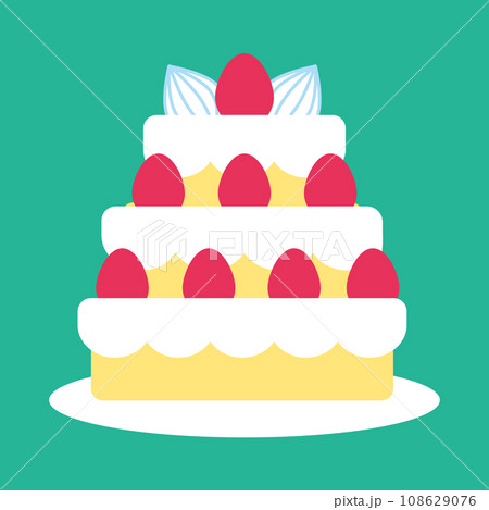 かわいいケーキのイラスト_三段重ねの苺のホールケーキのイラスト素材