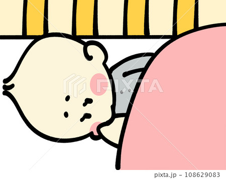 布団に寝て指しゃぶりをする赤ちゃんのイラスト素材 108629083
