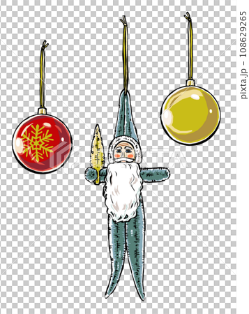 やや横を向いた青緑のモールサンタと赤と金のクリスマスボールのオーナメント　筆描き・マット塗り 108629265
