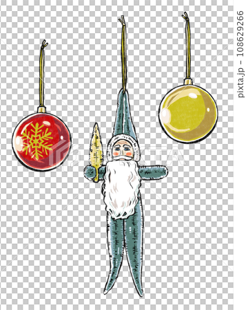 A blue-green mall Santa facing slightly to the side and a red and gold Christmas ball ornament, print style 108629266