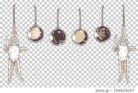 Two mall Santas facing the front and slightly to the side and four types of Christmas ball ornaments, brush-painted and painted in two colors Two mall Santas facing the front and slightly to the side and four types of Christmas ball ornaments, brush-painted and painted in two colors 108629267