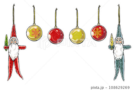赤と青緑の2体のモールサンタと赤と金の4つのクリスマスボールの