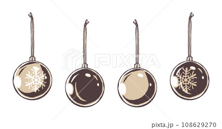 4種類ののメタリック塗装のクリスマスボールオーナメント　筆描き・2色塗り 108629270