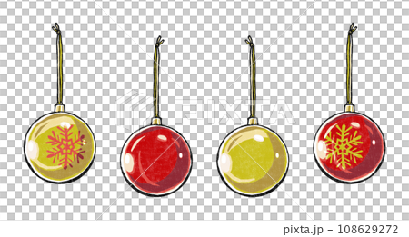 4 Christmas ball ornaments in solid color and snow pattern red and gold metallic paint print style 108629272