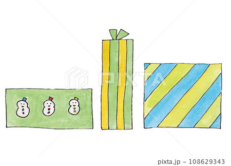 水性ペンと透明水彩絵の具で描いたグリーンのクリスマスギフトボックスのイラストセット 108629343