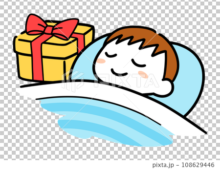 眠っている男の子の枕元に置かれたクリスマスプレゼント 108629446