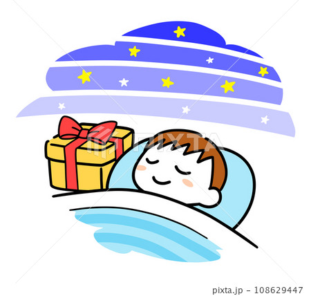 眠っている男の子の枕元に置かれたクリスマスプレゼント 108629447