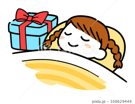 眠っている女の子の枕元に置かれたクリスマスプレゼント 108629449