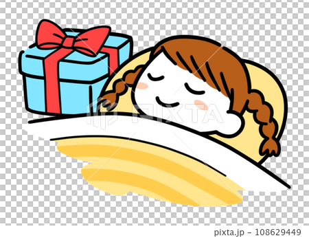 眠っている女の子の枕元に置かれたクリスマスプレゼント 108629449