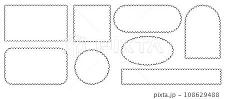 Scallop edge border and frame. Square circle and rectangle shape. Vector lace frill. Simple cute label. Outline decorative collection 108629488