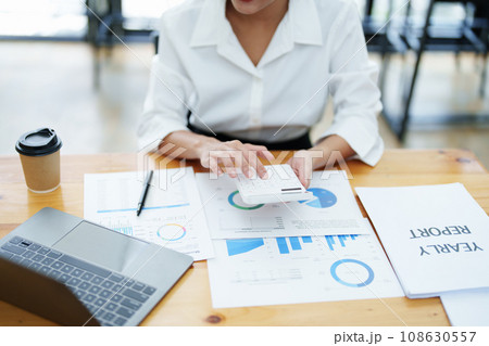 Accountants are reviewing financial budget documents and using annual income tax calculators to submit them to the IRS. 108630557