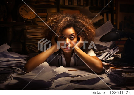 Burnout American African business woman in stress works with many paperwork document, migraine attack, Freelance, work at office. Burnout American African business woman in stress works with many paperwork document, migraine attack, Freelance, work at office. 108631322