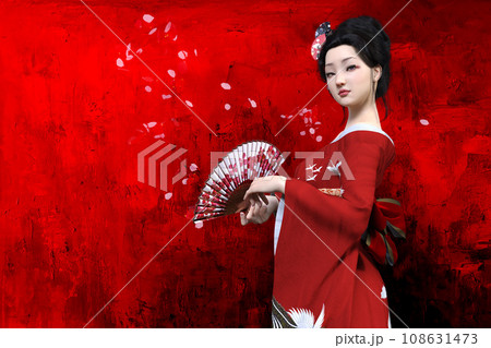 扇子を手に持つ日本髪の妖艶な赤い着物の女性のイラスト素材