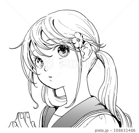 セーラー服お下げ髪のきょとんとした女の子のモノクロイラスト【線くっきり版】 セーラー服お下げ髪のきょとんとした女の子のモノクロイラスト【線くっきり版】 108631486