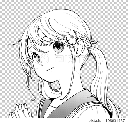 Monochrome illustration of a smiling girl with pigtails in a sailor suit [clear line version] 108631487