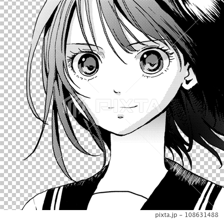 Monochrome illustration of a smiling girl with black hair in a sailor suit 108631488