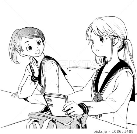 クラスで談笑する女の子達のモノクロイラスト クラスで談笑する女の子達のモノクロイラスト 108631489