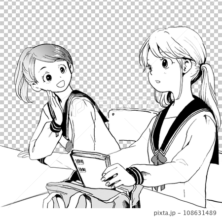 クラスで談笑する女の子達のモノクロイラスト クラスで談笑する女の子達のモノクロイラスト 108631489