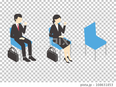 Chair set of men and women in recruitment suits doing fist pumps Chair set of men and women in recruitment suits doing fist pumps 108631853