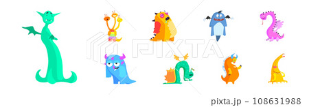 Funny Colorful Monster Character with Horns Vector Set Funny Colorful Monster Character with Horns Vector Set 108631988