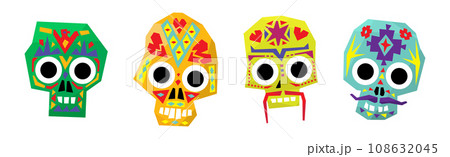 Skull with Bright Mexican Floral Ornament and Pattern Vector Set 108632045