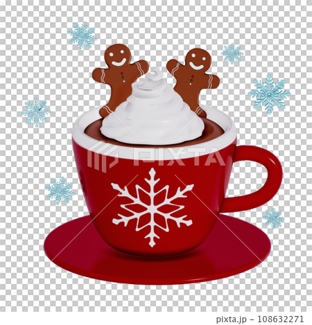 Christmas Dessert 3D , Hot chocolate with Christmas gingerbread cookies and a cinnamon stick in a red mug with a snowflake on Transparent background . 3D Rendering 108632271