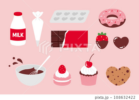 バレンタインデーのチョコレートやお菓子作りのイラストセット バレンタインデーのチョコレートやお菓子作りのイラストセット 108632422