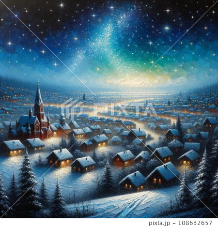 AI生成画像_冬の星空、町には雪がつもっている油彩風イラスト 108632657