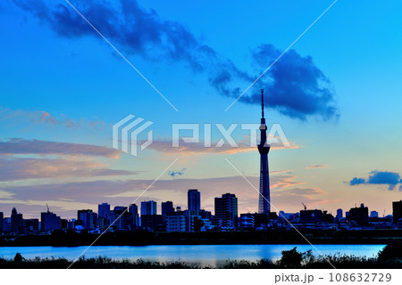 堀切水辺公園荒川土手から観る東京スカイツリーの夕景 堀切水辺公園荒川土手から観る東京スカイツリーの夕景 108632729