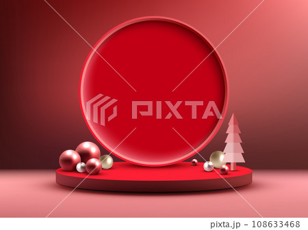 Christmas 3D Red Podium Decoration with Circle Backdrop and Pine Tree for Product Display 108633468